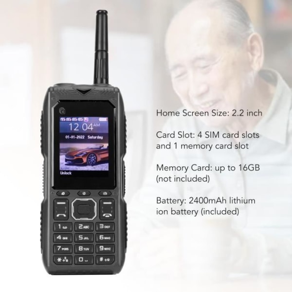 HURRISE Mobiltelefon med stor knapp Olåst Senior Mobiltelefon 2G Retro Fyrkorts GPS-telefon Svart EU-kontakt
