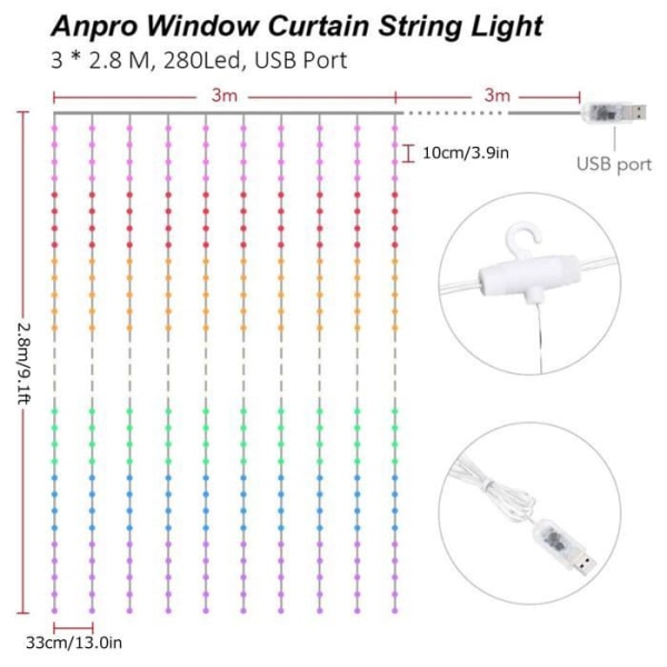 HURRISE USB LED String Lights 8 Lägen Dekorativt Gardinfönsterljus