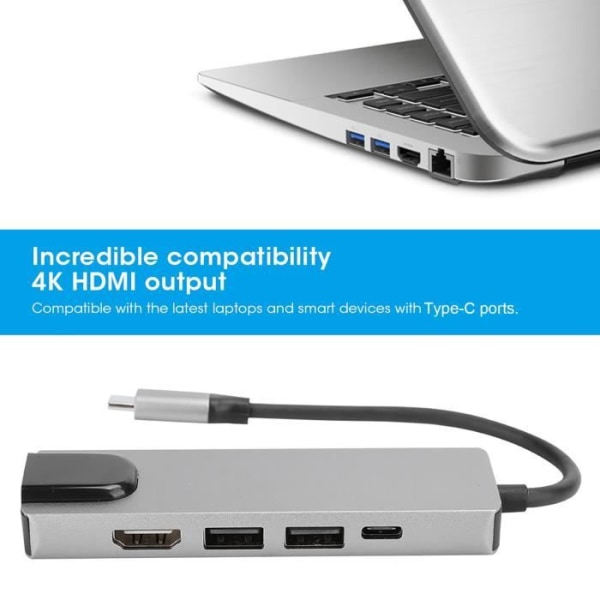 HURRISE Typ-C till HDMI-adapter Koncentrator 5 i 1 Typ-C till HDMI Hub Adapter 4K RJ45-förlängningsport Typ-C till