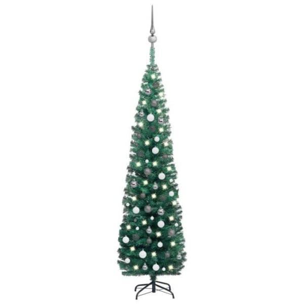 BEL-7667103889609-Tunn konstgjord julgran med LED och bollar Grön 210 cm