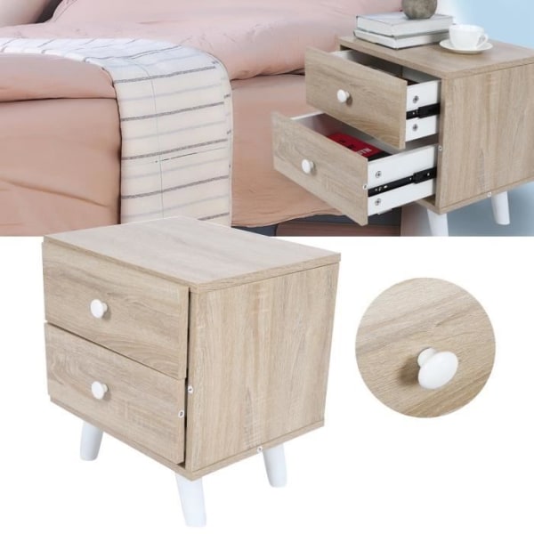 Sängbord med 2 lådor, nattduksbord, vitt och brunt, 35x15x30cm Last 50kg