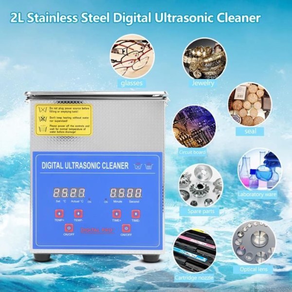 WEI Stainless Steel Digital Ultrasonic Cleaner Ultrasonic Bath Heating Timer 2L