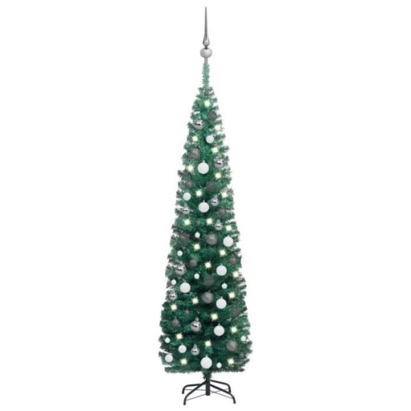 BEL-7029242343976-Tunn konstgjord julgran med LED och bollar Grön 180 cm