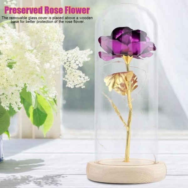 HURRISE Rose Flower Present LED Konserverad Rose Flower Lamp med glasskydd och träfot Alla hjärtans dag Lila