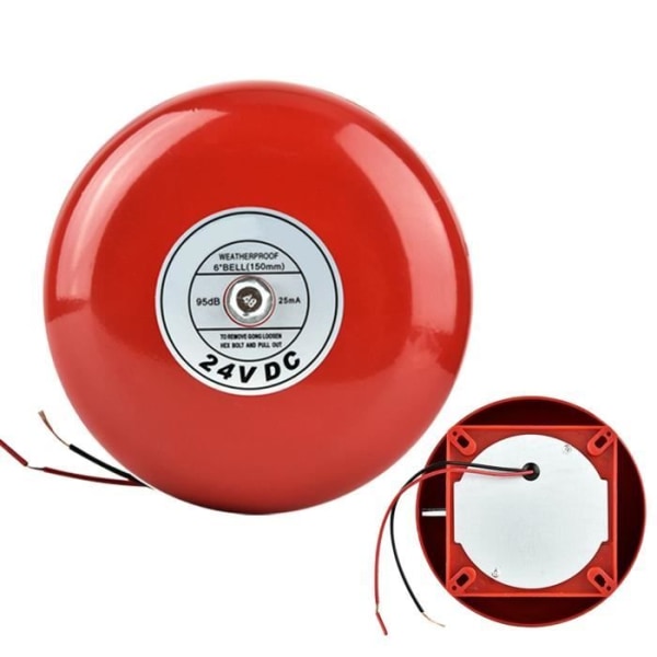 Brandlarmklocka, rund, röd säkerhetsklocka, högdecibel metall 24V för brandlarm