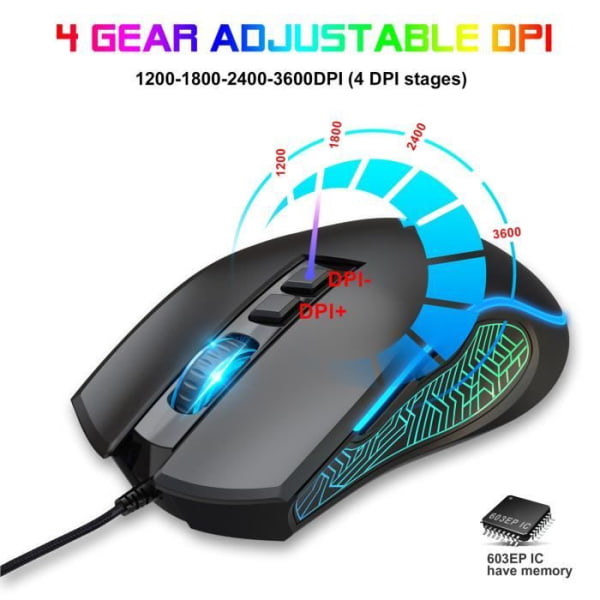 HURRISE Gaming Mouse för PC USB2.0 Gaming Mouse 4 DPI Justerbar RGB Bakgrundsbelyst Ergonomisk design Optisk sensormöss