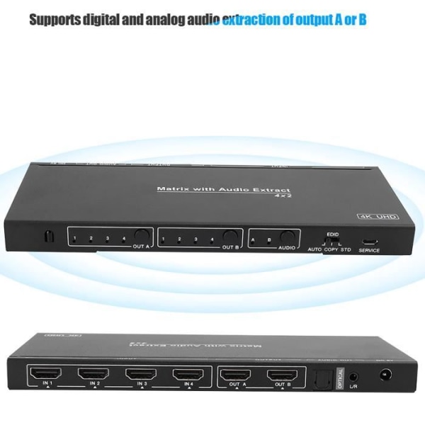 HURRISE 4x2 HDMI Matrix Svart Aluminiumlegering 4x2 HDMI Matrix med optisk analog utgång Ljudstöd EU-kontakt