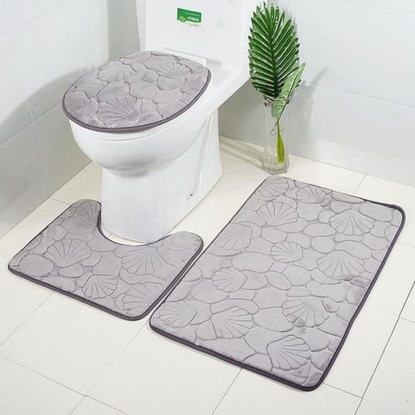 HURRISE Showe mattor 3st/set 3D Seashell printing dammtät vattenabsorberande badrumsmattor set (grå)