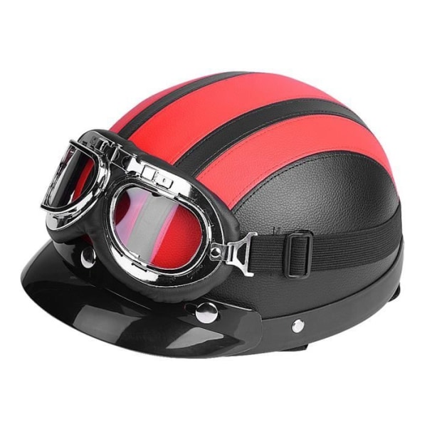 Motorcykelskoter Halvläder Öppen ansiktshjälm med UV-visir Retroglasögon Vintage Style 54-60cm - Röd Röd