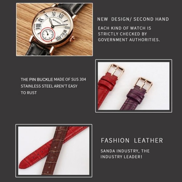 CEN Sanda Lady Analog Quartz Rund Läderrem Date Watch Classic Armbandsur (Brunt Armband)