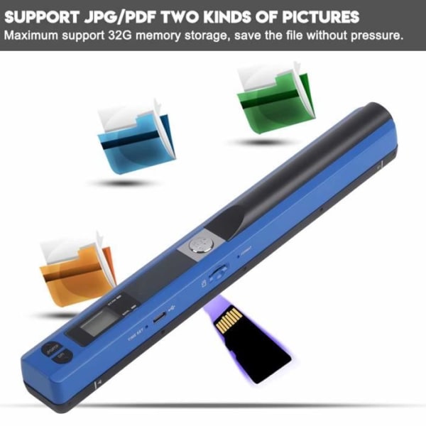 HURRISE Handhållna skannrar Fickskanner Bärbar skanner USB Pen Scanner A4 skanner JPG/PDF Scan USB 2.0 Blå