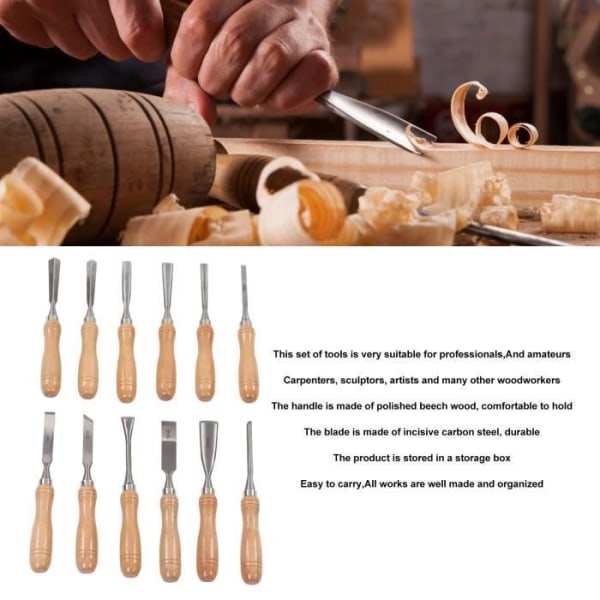 TMISHION Träsnideri Mejslar 12 st Handmejslar Bokhandtag Kolstål Blade Carving Mejsel Kit