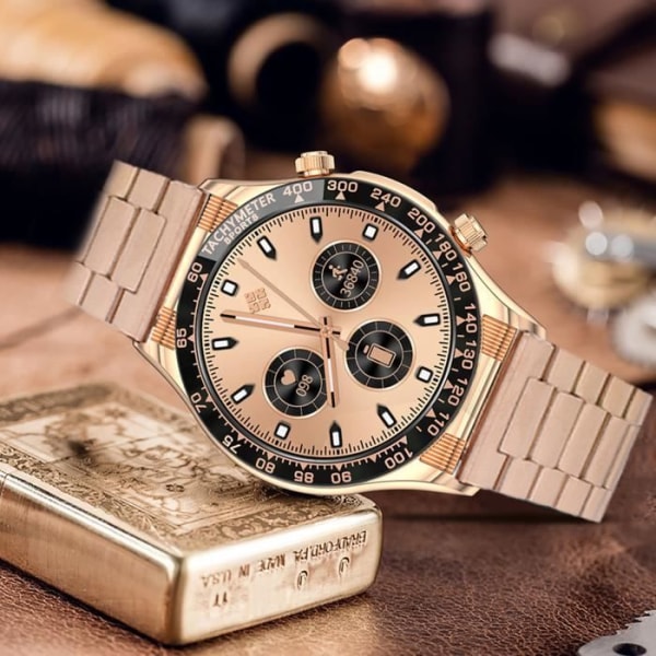 HURRISE Smart Watch Smart Watch med 1,32 IPS-skärm Telefontillbehör Svart guldurtavla med stålband