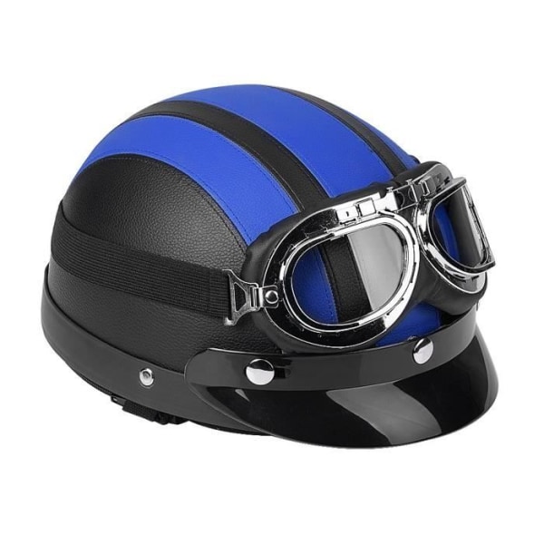 Motorcykelskoter Halvläder Öppen ansiktshjälm med UV-visir Retroglasögon Vintage Style 54-60cm - Blå Blå