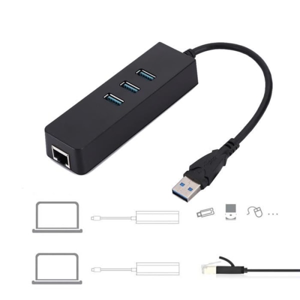 HURRISE USB Hub Hub till RJ45 Gigabit Ethernet Adapter, 10/100/1000M nätverksadapter med 3 portar 3.0 Dator HUB Pack