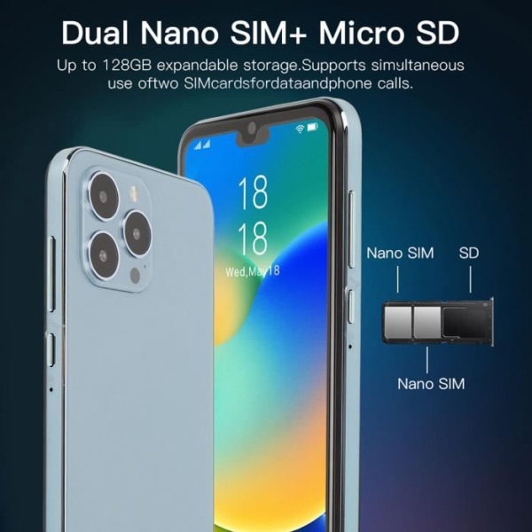 HURRISE Olåst Smartphone I14pro 4GB RAM 32GB ROM 6,1 tum 6800mAh batteri för 11,0 ansiktsigenkänning EU-kontakt