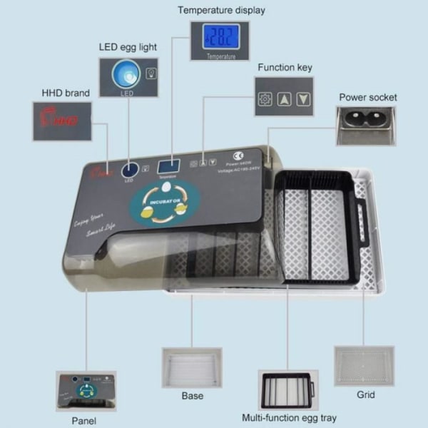 Yangbaga Egg Incubator - Led-belysning - Automatisk svängfunktion - Äggkapacitet: 12 PCS (engelsk manual.)