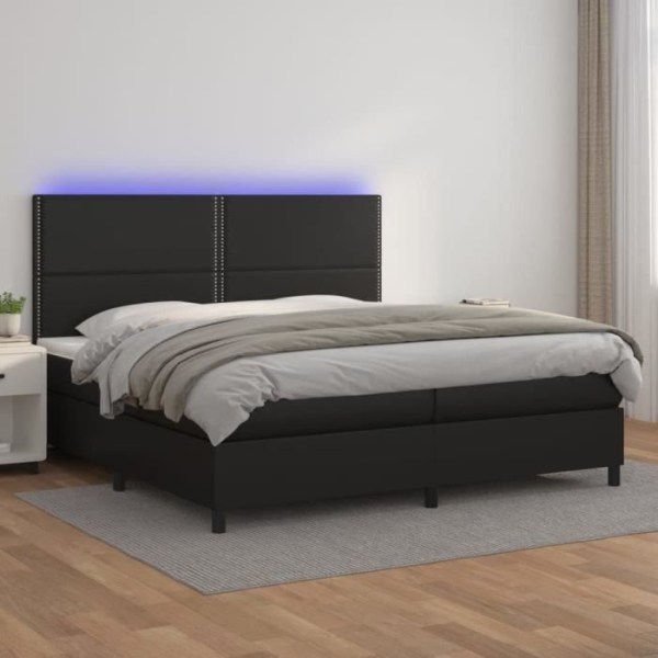 BEL-7358960853314-Klädd sängbotten med madrass och LED svart 200x200cm konstläder