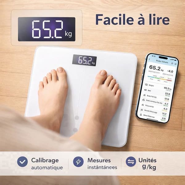 Vågsensor, Smart Bluetooth-våg, USB-laddning, Kapacitet 180 kg, 12 mätningar, APP-synkronisering, Kompatibel med iOS/Android Vit
