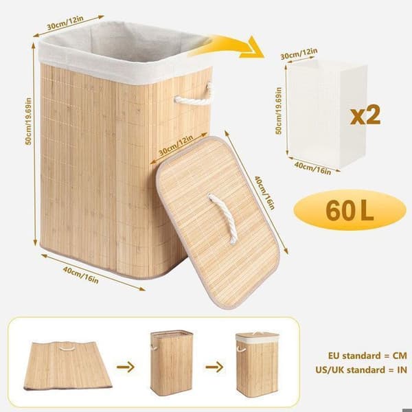 Familjelakan korg i bambu med lock - Fällbar rektangulär - 60L - Brun