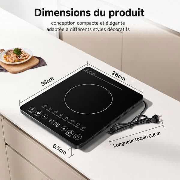 Bærbar Plade Induktion, 2200W, 1 brænder, Tempereret Glas Panel, Effektindstilling på 8 niveauer, Timer 180 minutter