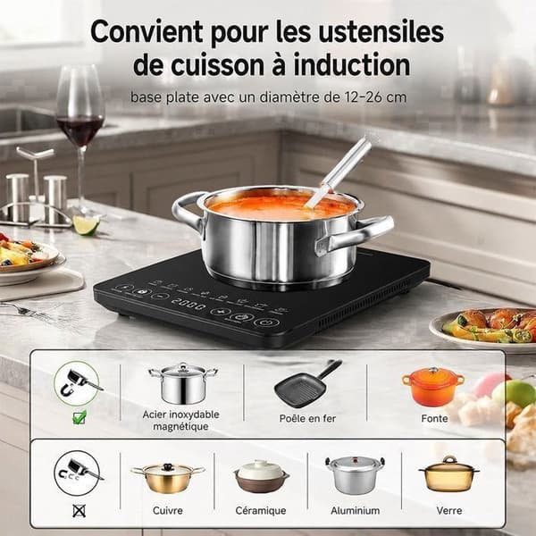 Bærbar Plade Induktion, 2200W, 1 brænder, Tempereret Glas Panel, Effektindstilling på 8 niveauer, Timer 180 minutter