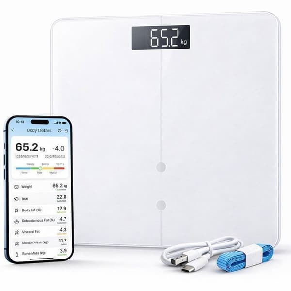 Vågsensor, Smart Bluetooth-våg, USB-laddning, Kapacitet 180 kg, 12 mätningar, APP-synkronisering, Kompatibel med iOS/Android Vit