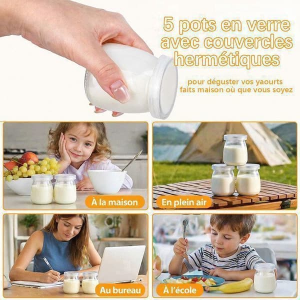 Yoghurtmaskine, 5 krukker 100 ml + indre skål i rustfrit stål 304, 3 programmer, programmerbar op til 42 timer, uden BPA