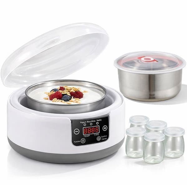 Yoghurtmaskine, 5 krukker 100 ml + indre skål i rustfrit stål 304, 3 programmer, programmerbar op til 42 timer, uden BPA