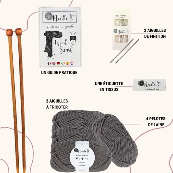 Stickkit - NEEDLE IT - Grå Ullscarf - 70% Ull - 30% Alpacka - Nybörjare Grå