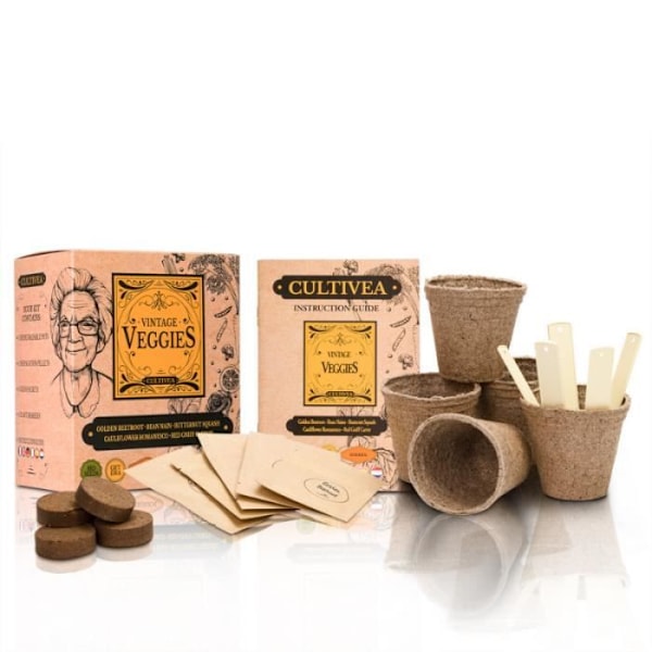 Sætte med grøntsagsfrø - CULTIVEA - Mini - Vintage ØKO - Nedbrydelige potter - Vandreservoir