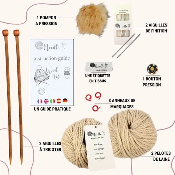 Stickkit - NEEDLE IT - Beanie i écru - Fransk ull - Inkluderade stickor - Instruktionsblad ecru