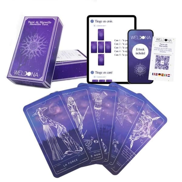 WELOONA - Tarot de Marseille Divinatory Tarot-spel (78 kort med e-bok ingår)
