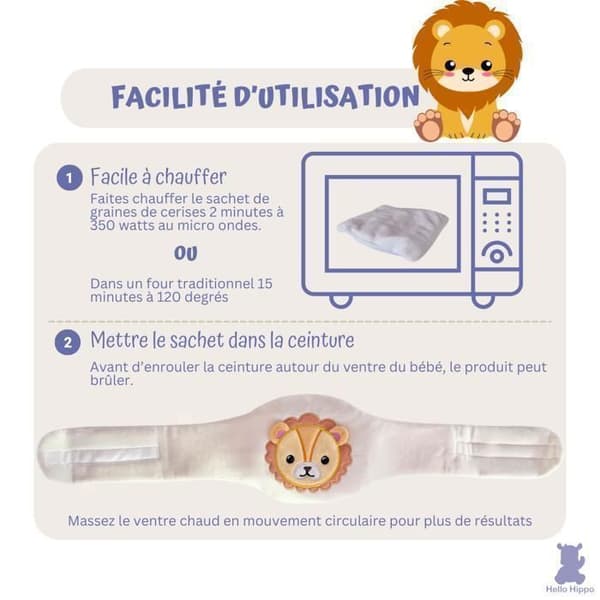 Hej Hippo - Bouillotte Noyaux de Cerise Bébé - Särkande Värmebälte för Spädbarn (Lejon)