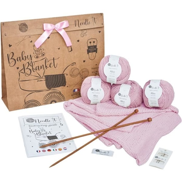Needle It – Komplett stickningssats för nybörjare med stickor – DIY sticka babyfilt (rosa) – presentidé rosa