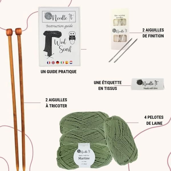 Stickkit - NEEDLE IT - Ullscarf - 70% Ull - 30% Alpacka - Inkluderade Stickor Grön