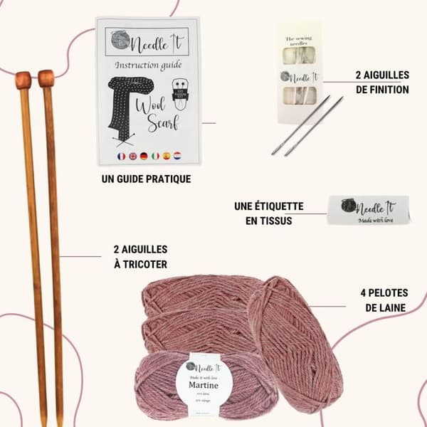 Stickkit - NEEDLE IT - Scarf i Rosa Ull - 70% Ull - 30% Alpacka - Nybörjare Ros