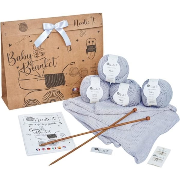 Needle It – Komplett stickningssats för nybörjare med stickor – DIY sticka babyfilt (himmelsblå) – presentidé