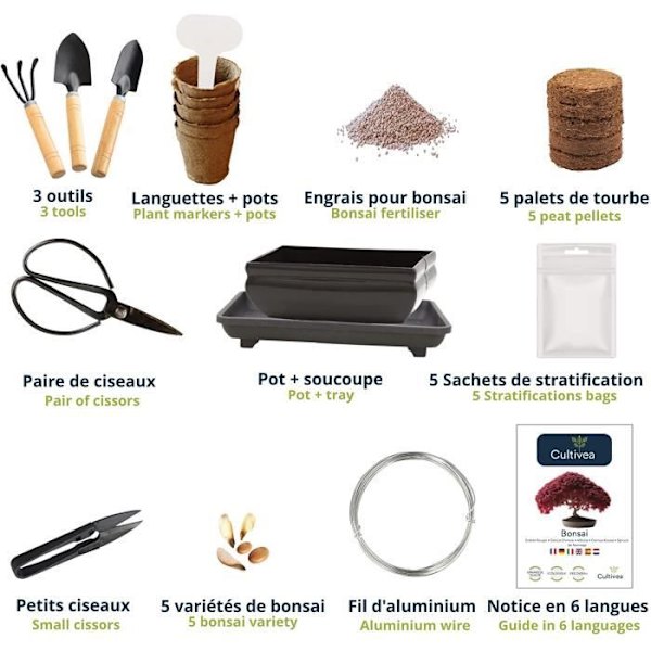 CULTIVEA Premium Bonsai Kit valmiina kasvamaan Bonsai-kasvien ja kasvien ylläpito Lanka, lannoite, työkalut, pyöreät sakset, pienet sakset