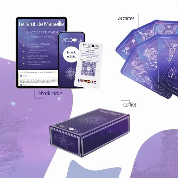 WELOONA - Tarot de Marseille Divinatory Tarot-spel (78 kort med e-bok ingår)