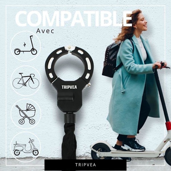Tripvea®- Antivol för Elektrisk Kickbike, Cykel & Barnvagn – Ultratåligt Lås med Förstärkt Kedja & Säkerhetsbojor