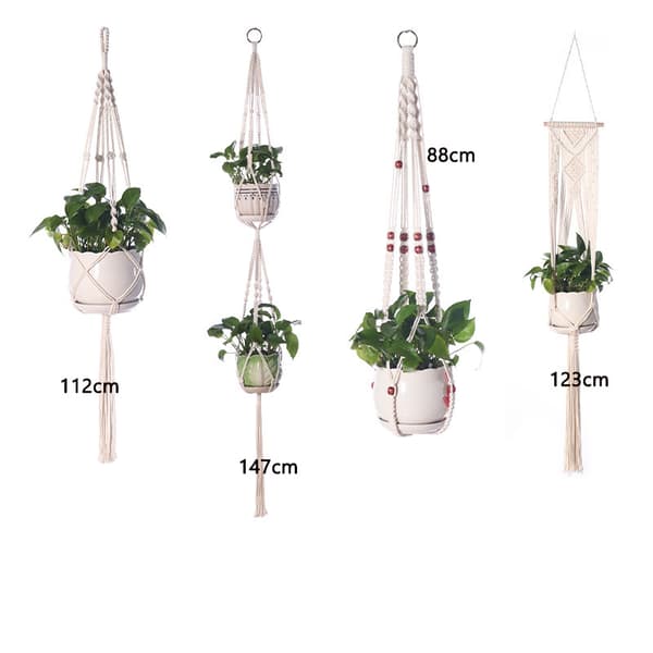 4-pack Makramé Blomkrukshållare, Boho Växthängare i Bomullsrep med Träpärlor, Längd 88/112/123/147 cm