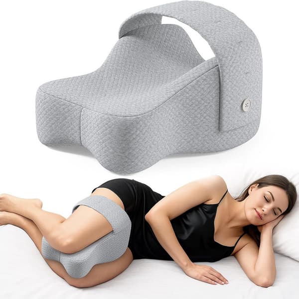Memory Foam Knee Pillow Side Sleeper with Strap - Ergonomic Positioning, Relieves Sciatica, Hip Pain and Back Discomfort, Comfortable Day & Night gray