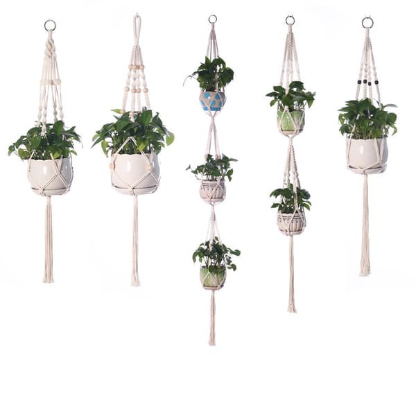 5-pack Makramé Blomkrukshållare, Boho Växthängare i Bomullsrep med Träpärlor, Längd 100/108/108/150/188 cm