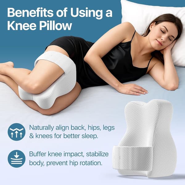 Memory Foam Knee Pillow Side Sleeper with Strap - Ergonomic Positioning, Relieves Sciatica, Hip Pain and Back Discomfort, Comfortable Day & Night gray