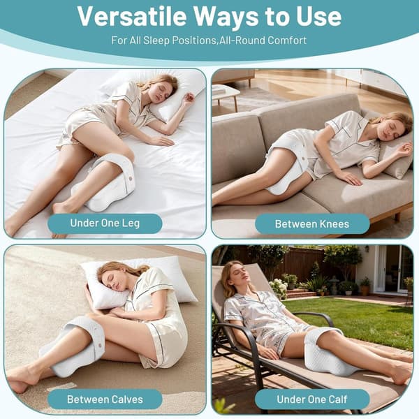 Memory Foam Knee Pillow Side Sleeper with Strap - Ergonomic Positioning, Relieves Sciatica, Hip Pain and Back Discomfort, Comfortable Day & Night white