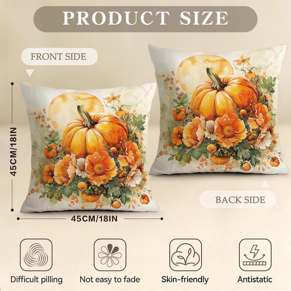 4 stk. pudebetræk 45 × 45 cm med græskardesign, efterårs- og Thanksgiving-dekoration til sofa, stue, soveværelse og hjem E