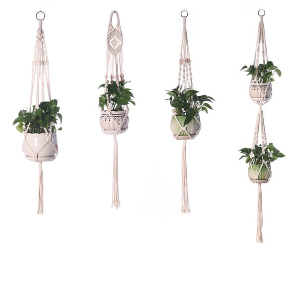 4-pack Makramé Blomkrukshållare, Boho Växthängare i Bomullsrep med Träpärlor, Längd 88/112/123/147 cm