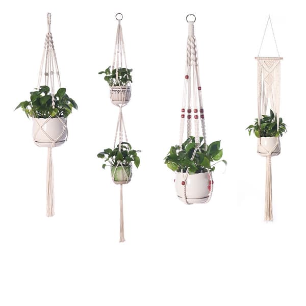 4-pack Makramé Blomkrukshållare, Boho Växthängare i Bomullsrep med Träpärlor, Längd 88/112/123/147 cm