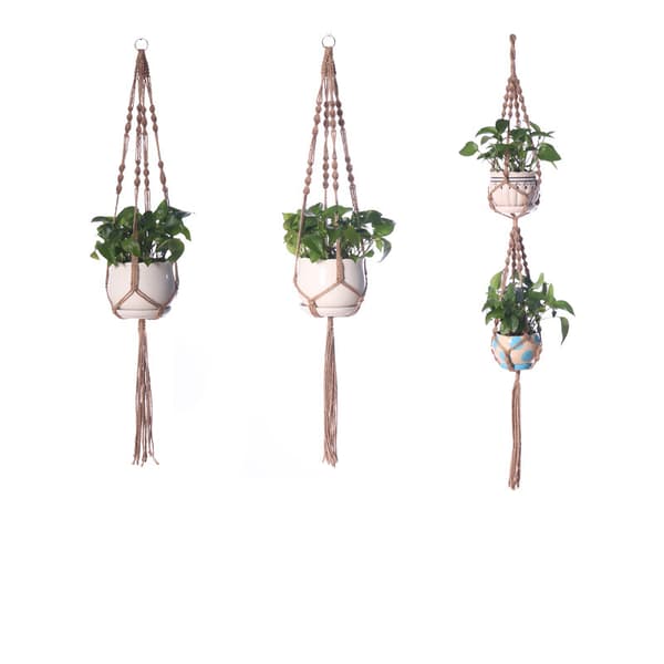3-pack Makramé Blomkrukshållare, Boho Växthängare i Bomullsrep med Träpärlor för Balkong, Vägg och Tak